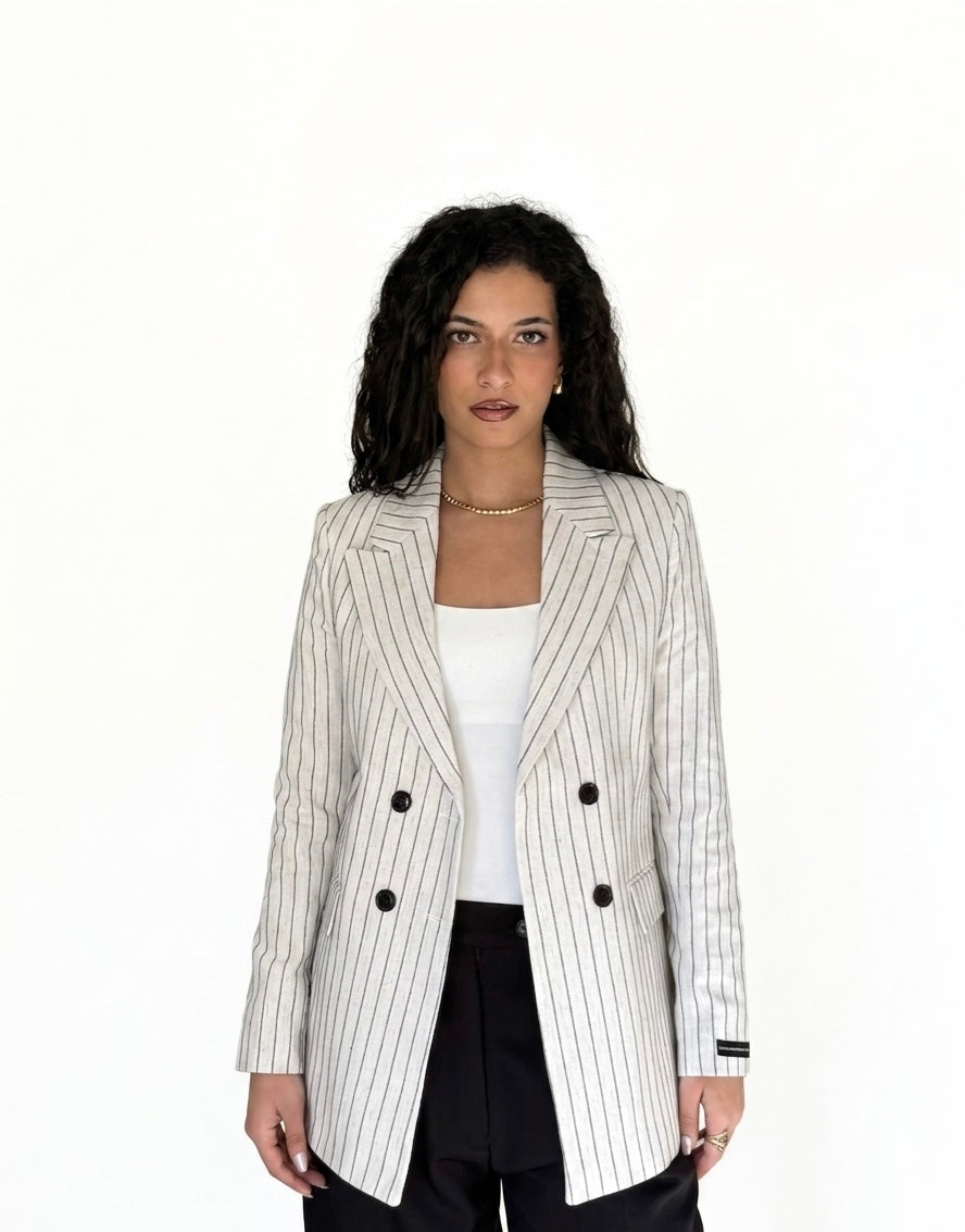 Off White Linen Pinstripe Blazer